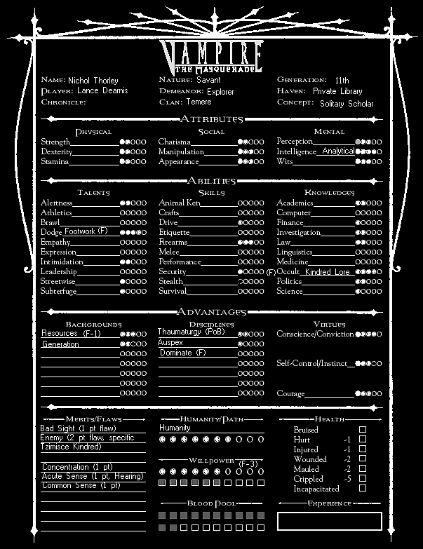 character sheet  The Kindred Diaries